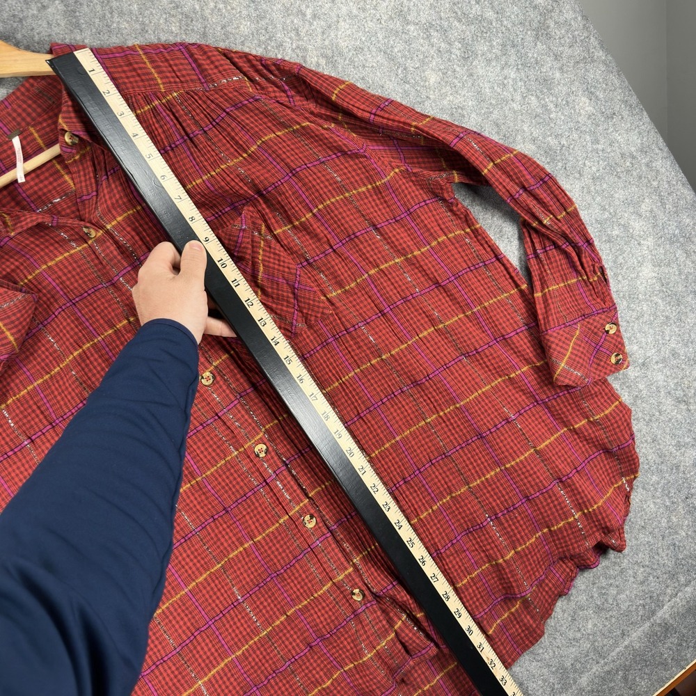Free People Break My Stride Button Up Shirt Womens Large Red Plaid Long Sleeve - Picture 5 of 15